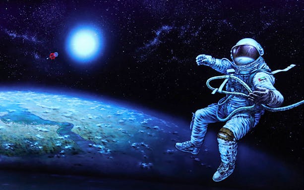 Astronaut floating in space with Earth below at 3D Blacklight Minigolf Dubai.