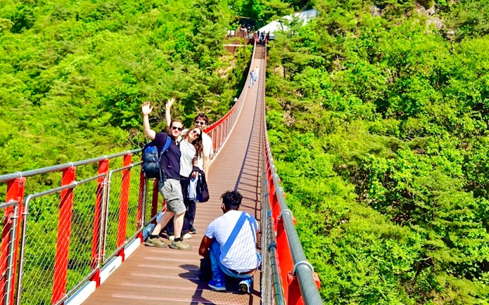 Tourists on a red suspension bridge enjoying mountain views during a DMZ tour from Seoul.