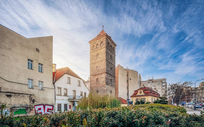 New Mill Water Tower in Prague surrounded by historic buildings and greenery.