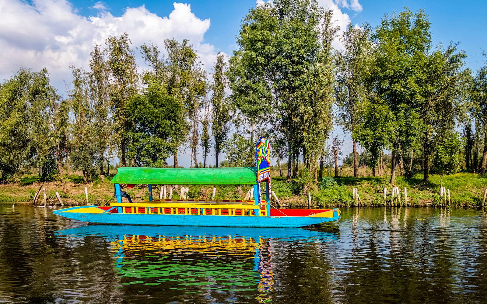 Colorful trajinera boat on Xochimilco canal, Mexico City, with trees in the background.