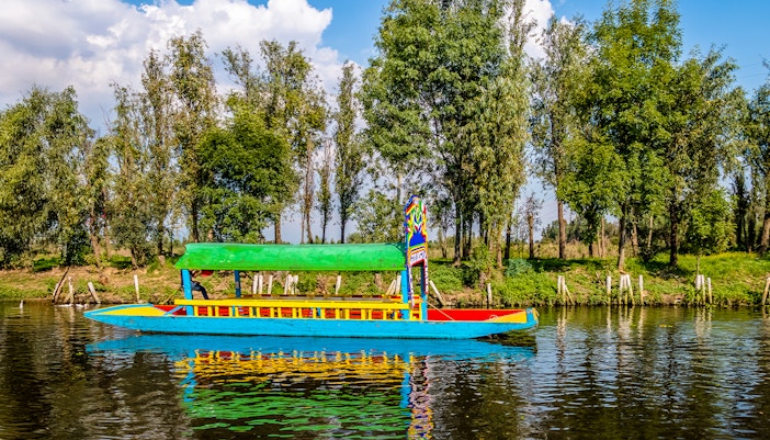 Trajinera boat with colorful decorations on Xochimilco canal, Mexico City, featuring lively group celebration.