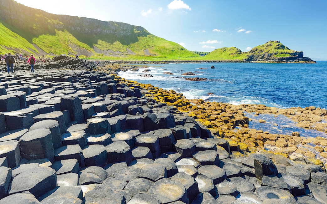 Giant's Causeway basalt columns by the sea in Northern Ireland.
