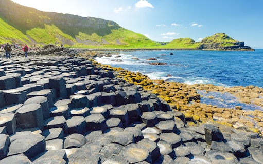 Giant's Causeway basalt columns by the sea in Northern Ireland.