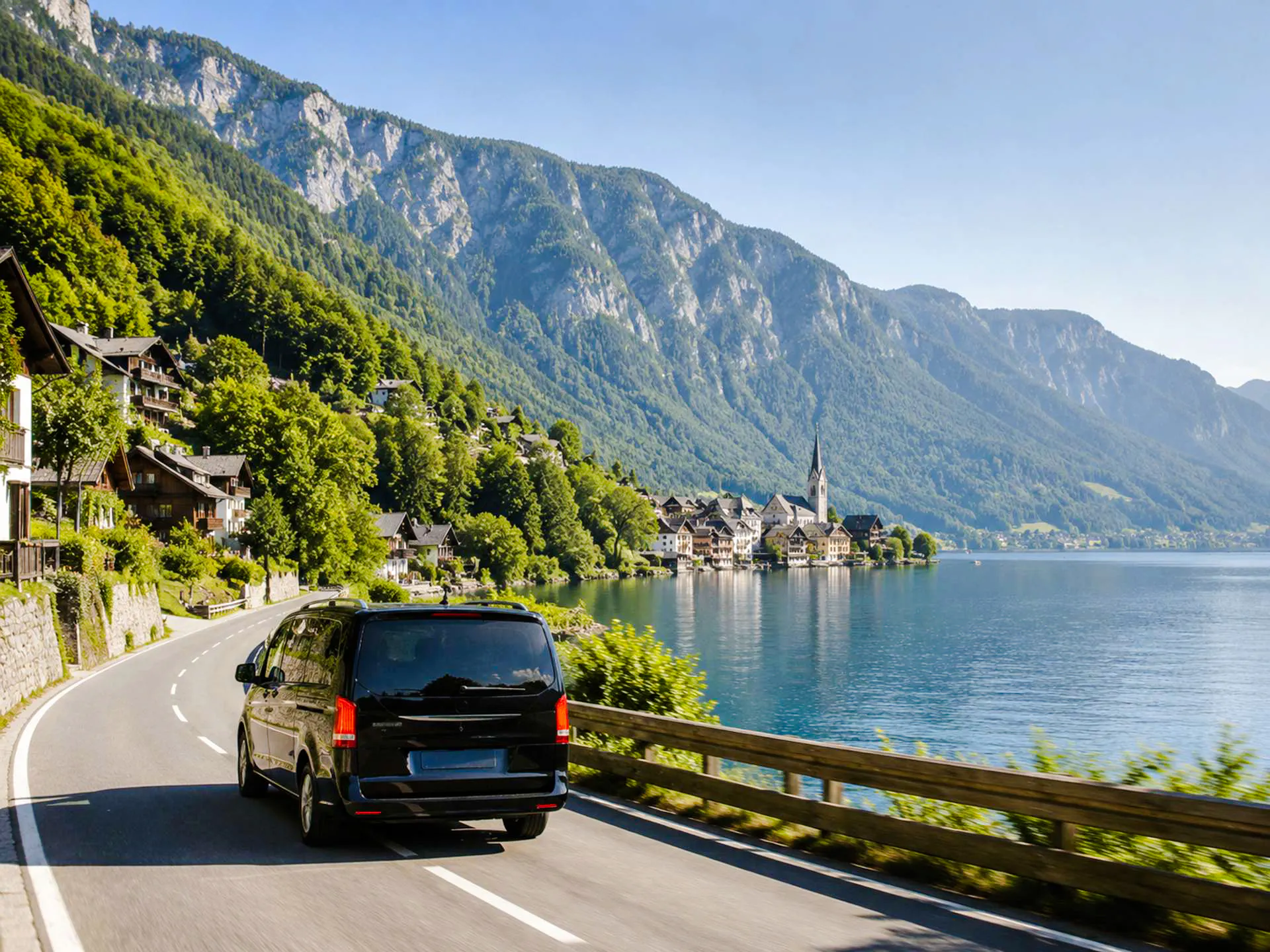 Van driving along Hallstatt lake with village and mountains in view, Salzburg trip.