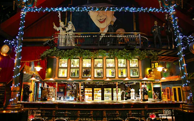 Bar area at Señor Tango Show with illuminated shelves and decorative elements.