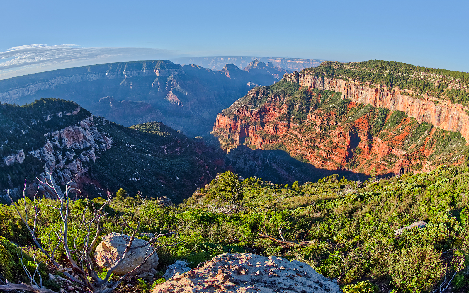 Grand Canyon view from Uncle Jim Point with expansive canyon landscape and rugged cliffs.