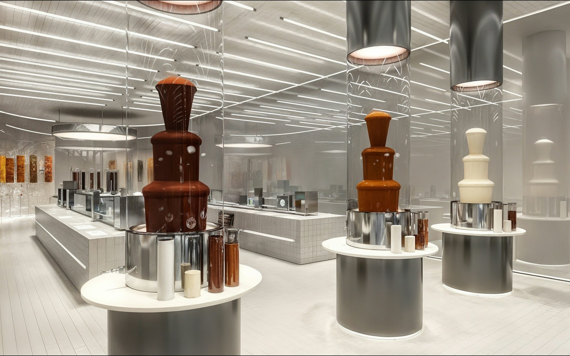 Chocolate fountains at Lindt Home of Chocolate Museum exhibit in Switzerland.