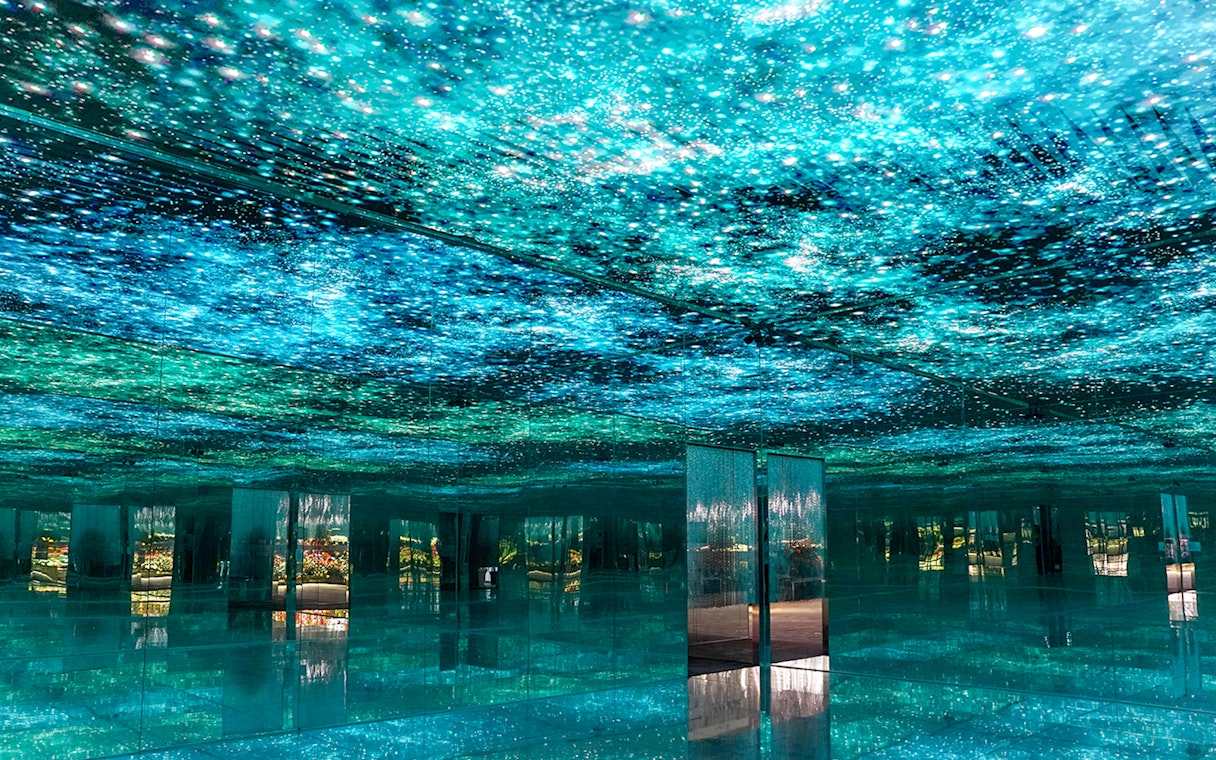 Mirrored room with starry night light installation at Gapyeong Begonia Bird Park.