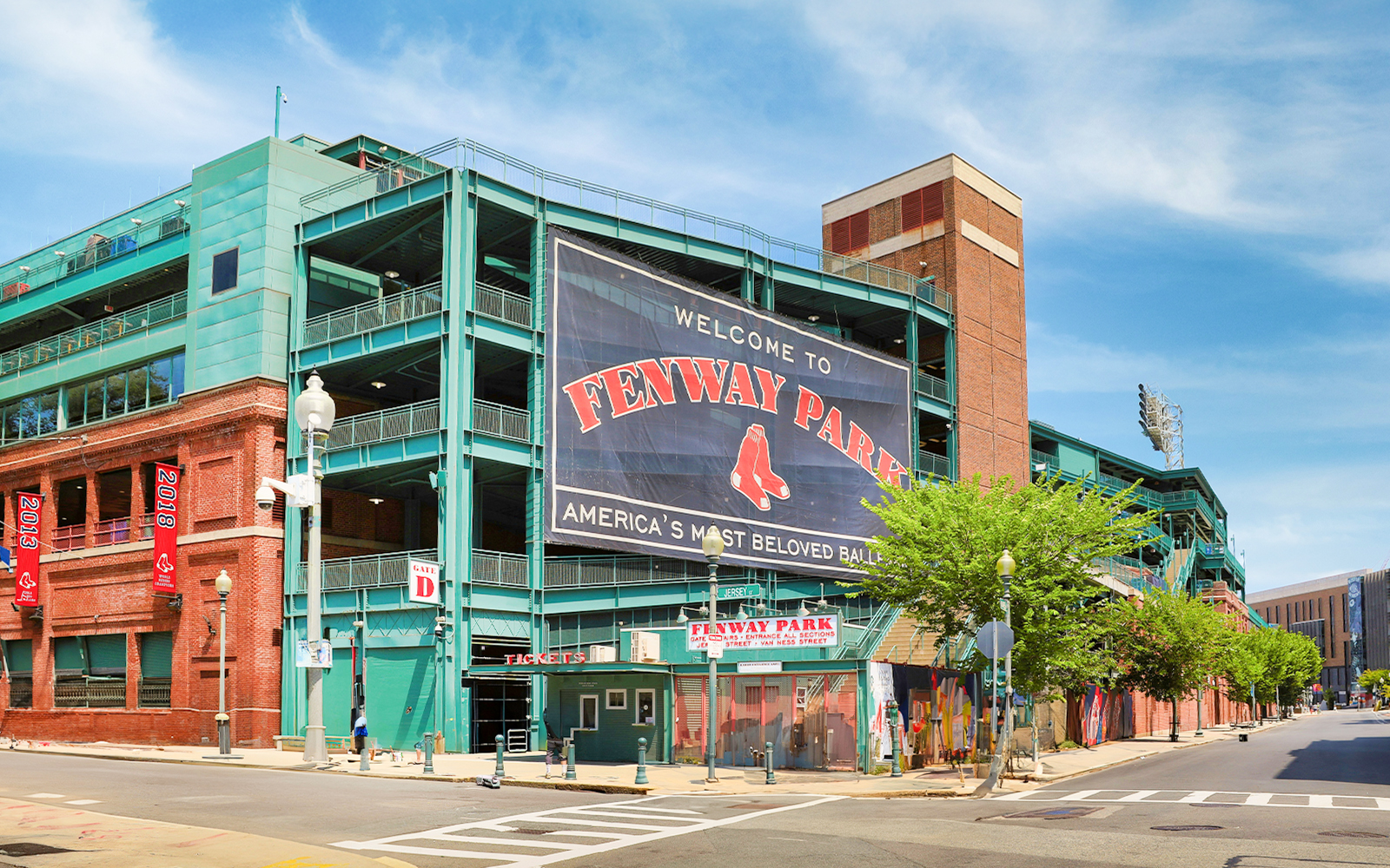 Fenway Park entrance with banners and signage, Boston.