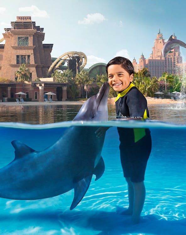 Child interacting with dolphin at Dolphin Bay, Aquaventure, Dubai.