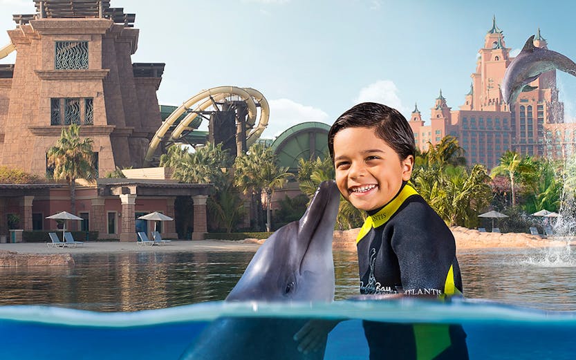 Child interacting with dolphin at Dolphin Bay, Aquaventure, Dubai.