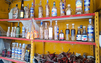 Bottles of Mamajuana on shelves at Mercado Modelo, Santo Domingo food tour.