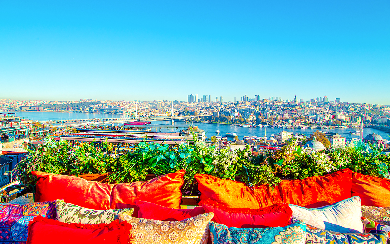 Beyoğlu Panoramic Terrace view of Istanbul skyline and Golden Horn.
