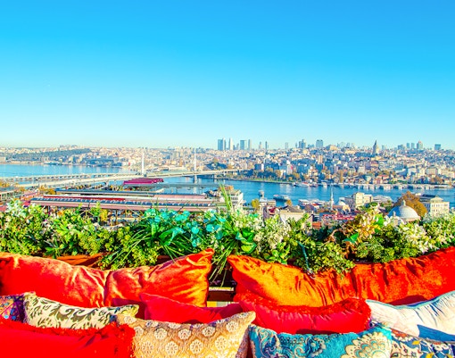 Beyoğlu Panoramic Terrace view of Istanbul skyline and Golden Horn.
