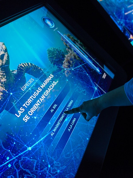 Visitors interacting with an information screen at Atlantis Aquarium.