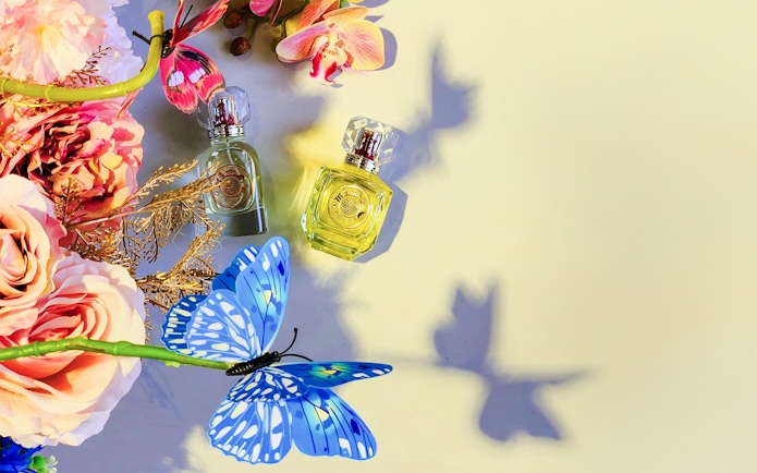Floral arrangement and perfume bottles at Scentopia Sentosa, Singapore.