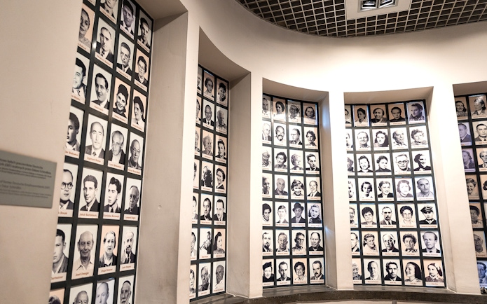 Portraits of employees displayed at Oskar Schindler's Factory in Krakow, Poland.