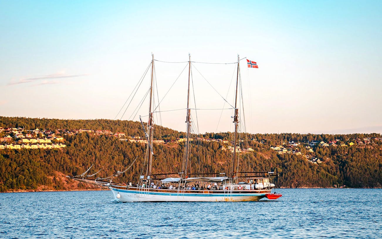 Sailing ship S/S Christiania on Oslofjord during summer evening cruise, Oslo.