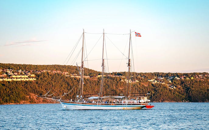 Sailing ship S/S Christiania on Oslofjord during summer evening cruise, Oslo.