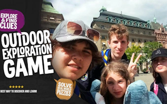 Group of people participating in a self-guided city exploration game in Stockholm.