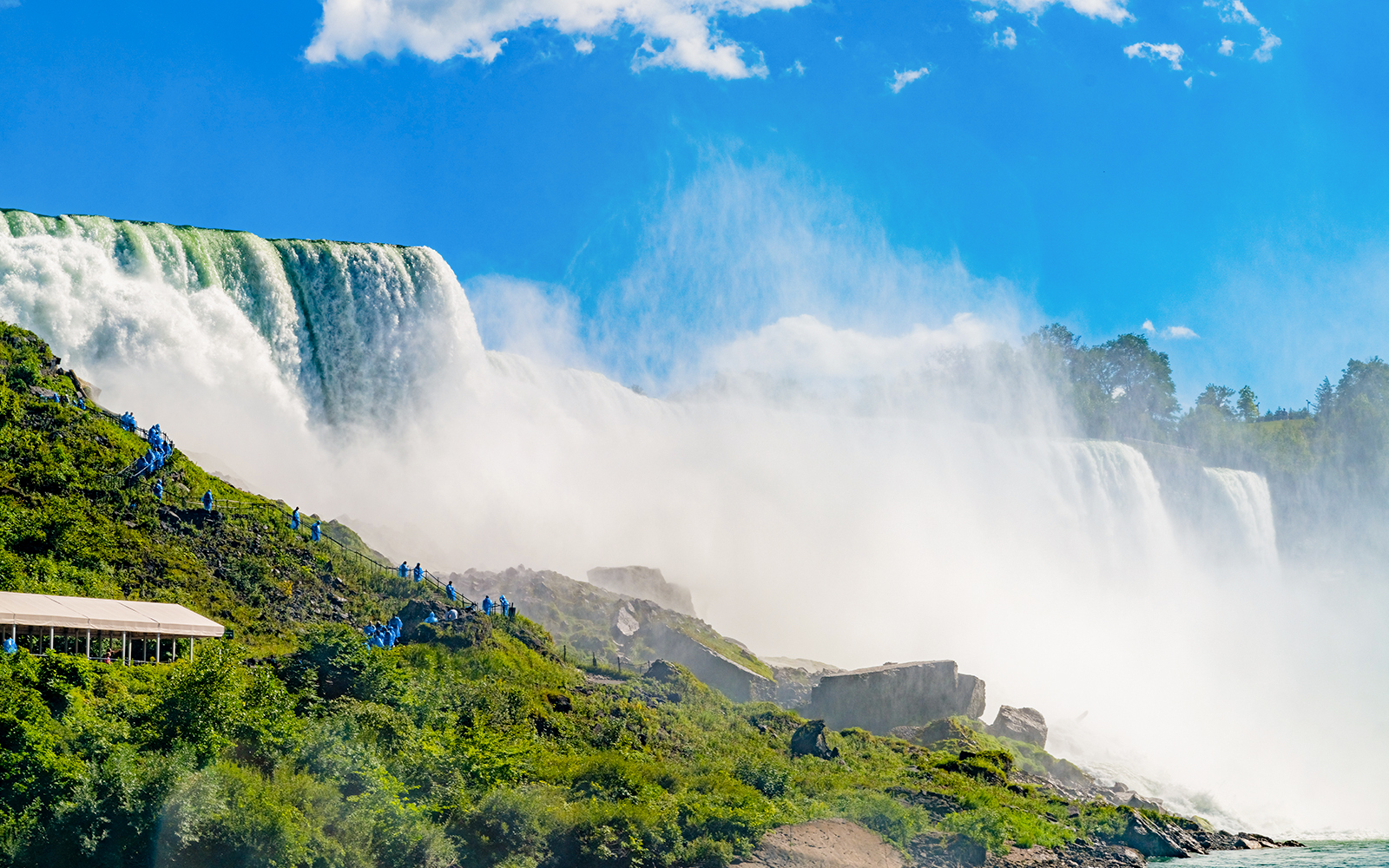 Niagara Falls view from Crows Nest with cascading water and mist.