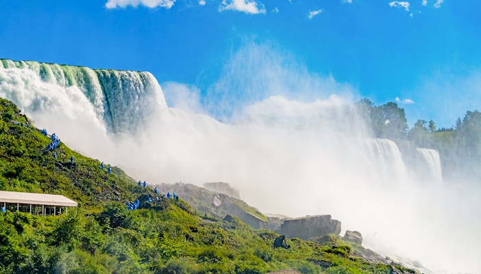 Niagara Falls view from Crows Nest with cascading water and mist.