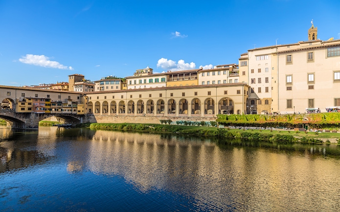 Vasari Corridor along the Arno River viewed from Uffizi Gallery, Florence, Italy.