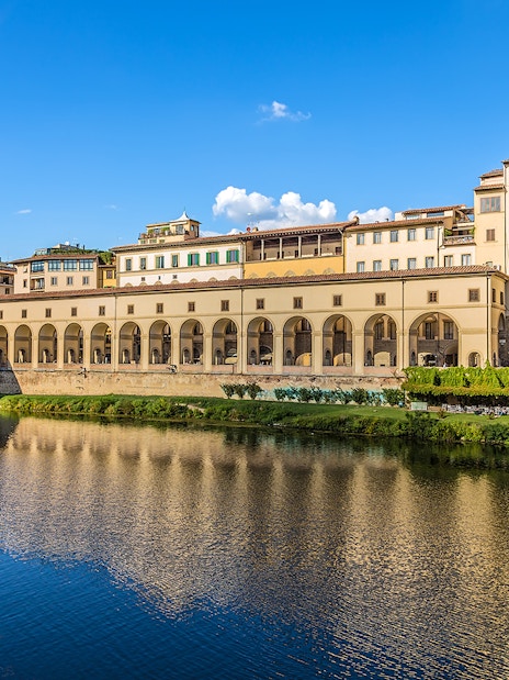 Vasari Corridor along the Arno River viewed from Uffizi Gallery, Florence, Italy.