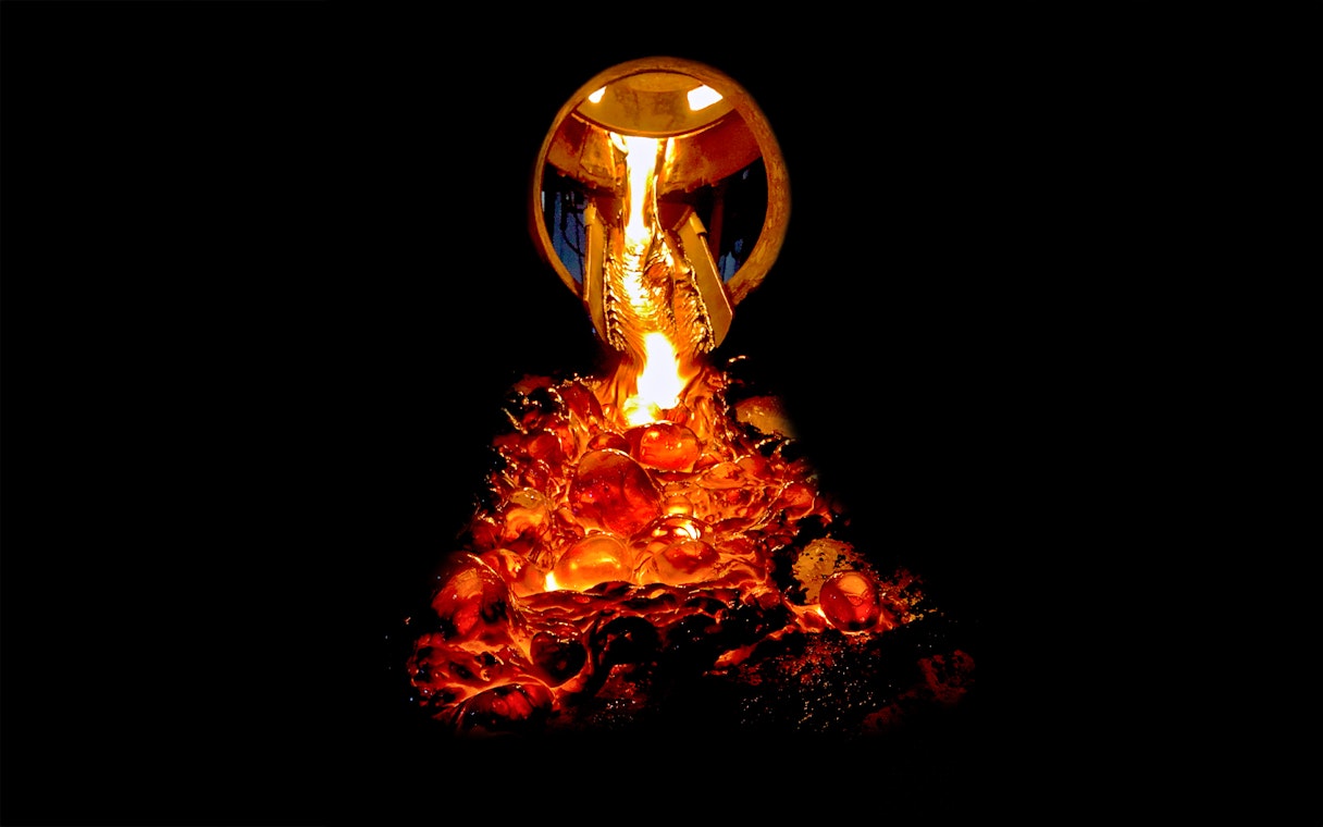 Molten lava flowing from a furnace during a Lava Show in Reykjavik.