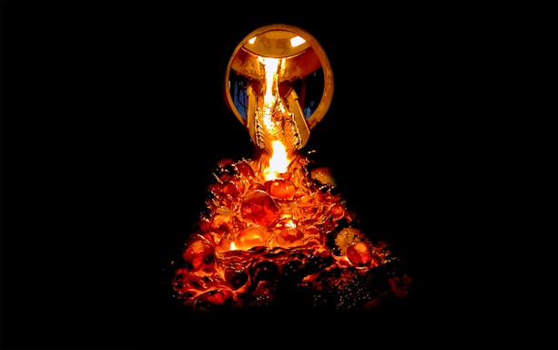 Molten lava flowing from a furnace during a Lava Show in Reykjavik.