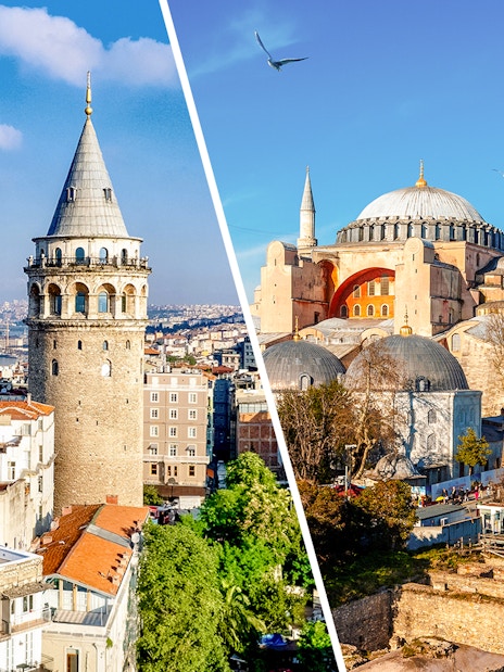 Galata Tower and Hagia Sophia in Istanbul, Turkey, with cityscape and clear sky.