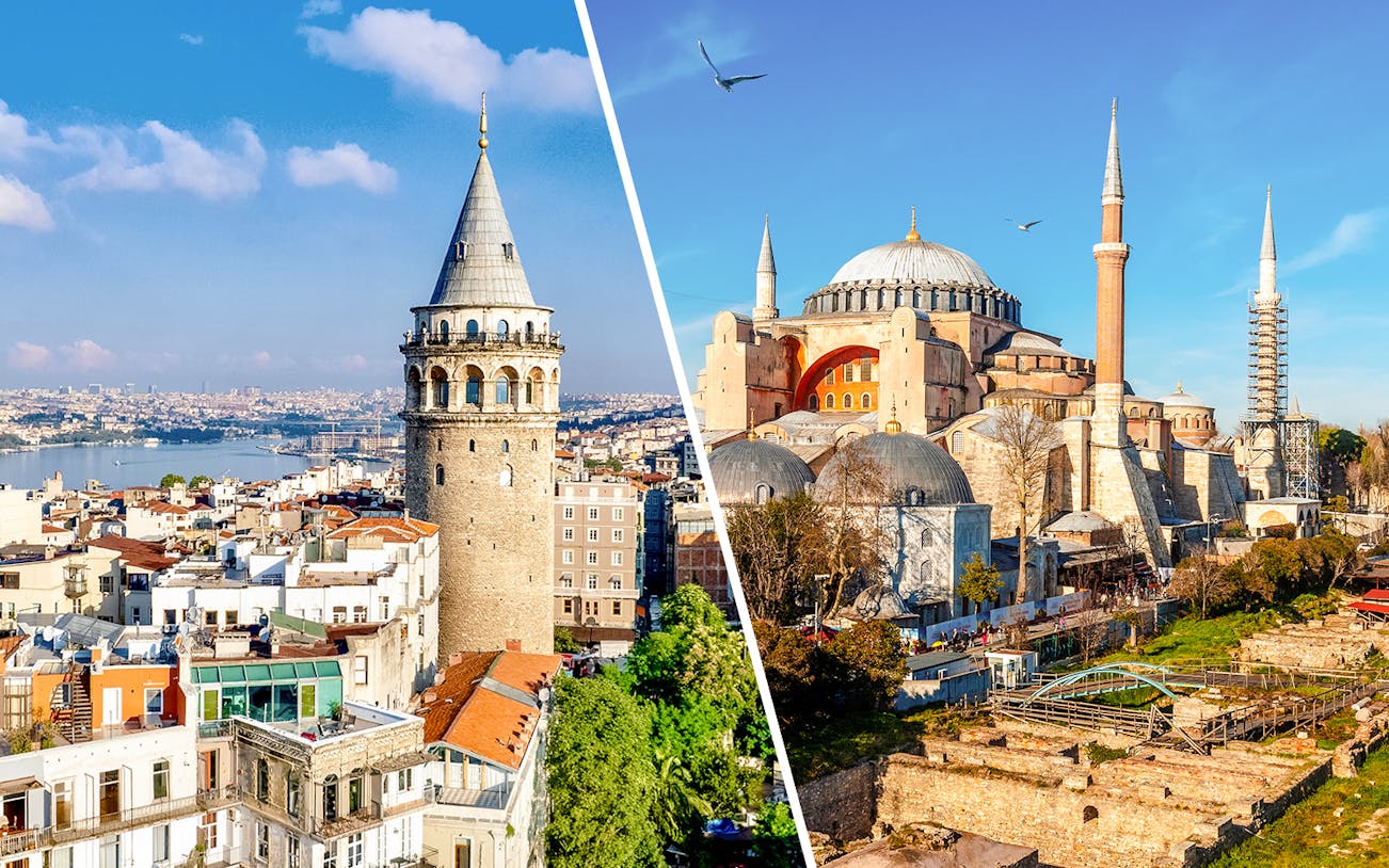 Galata Tower and Hagia Sophia in Istanbul, Turkey, with cityscape and clear sky.