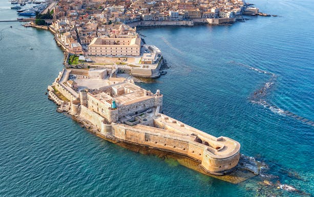 Aerial view of Maniace Castle on Ortigia Island, Syracuse, Italy.