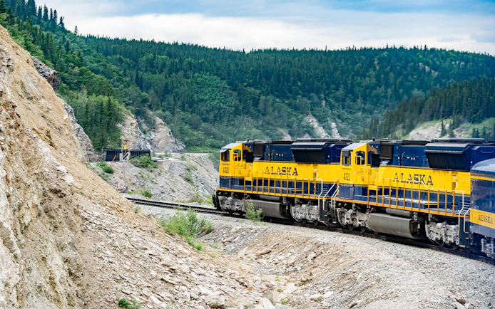 Alaska Railroad train traveling through forested mountain landscape.