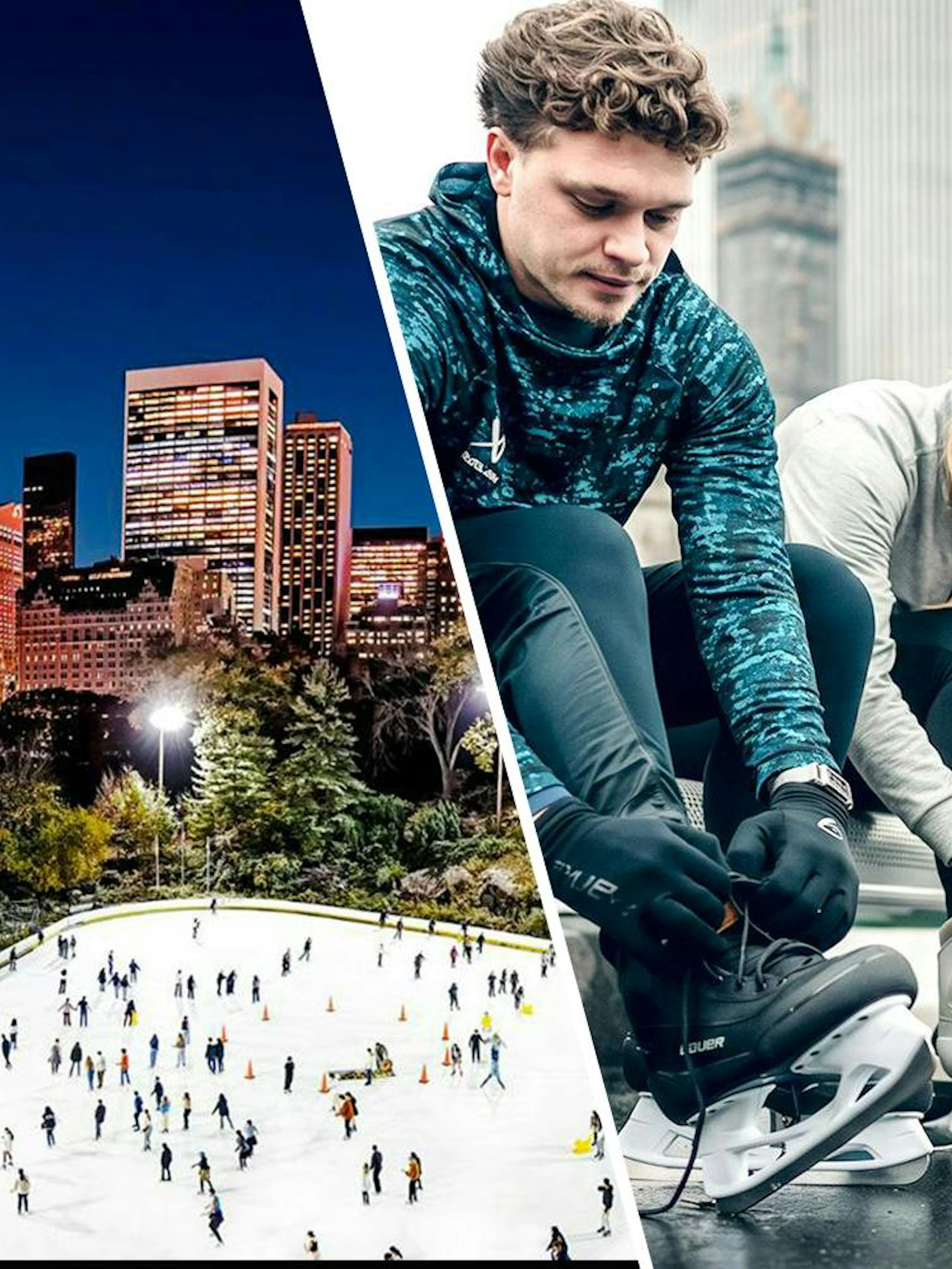 Ice skaters at Wollman Rink in Central Park, NYC, with city skyline in the background.