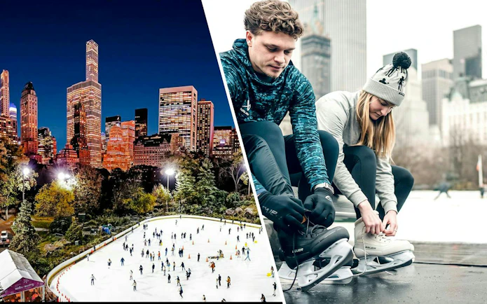 Ice skaters at Wollman Rink in Central Park, NYC, with city skyline in the background.
