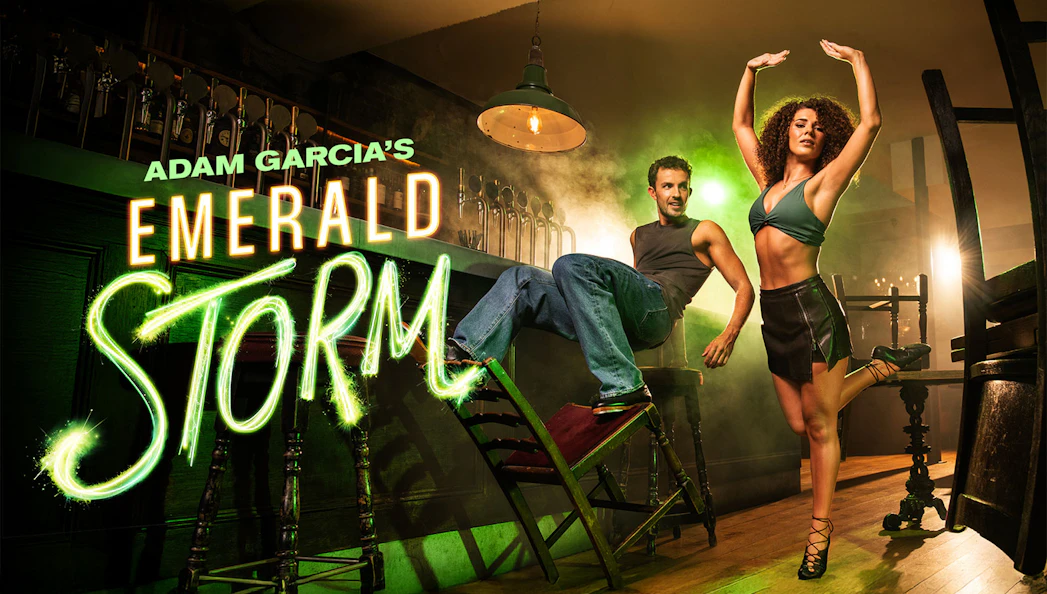 Dancers performing in a bar setting for Emerald Storm Westend show poster.