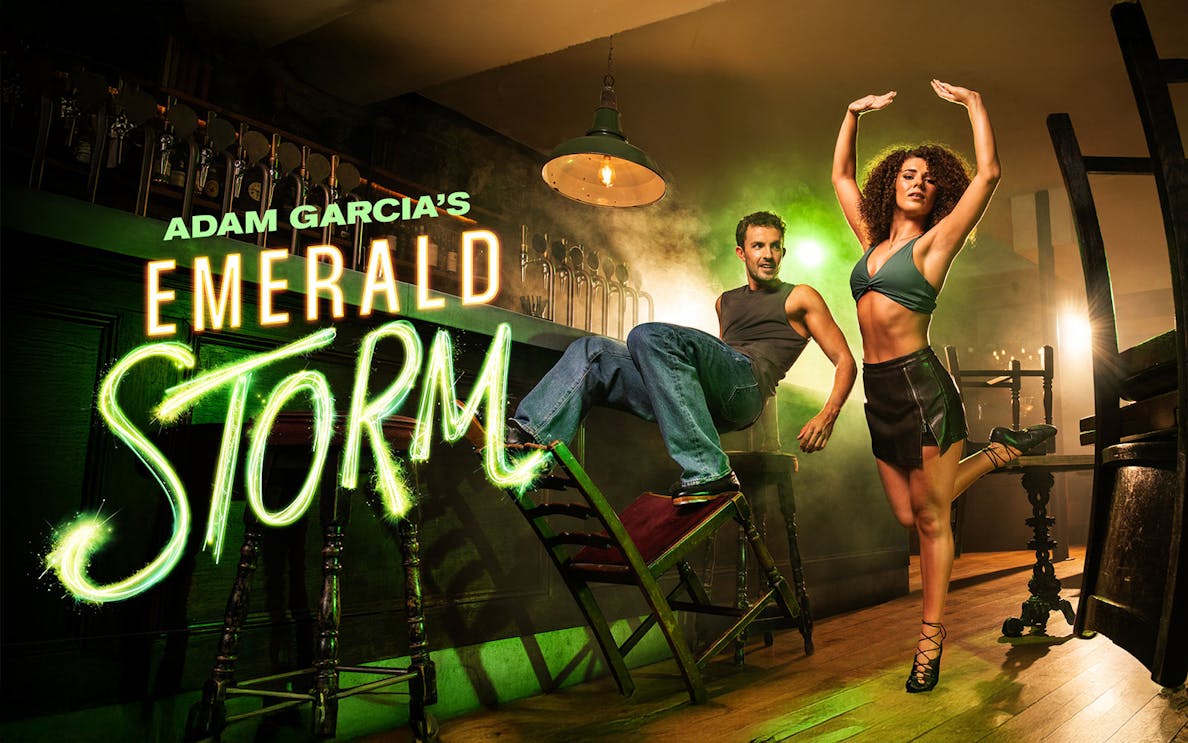 Dancers performing in a bar setting for Emerald Storm Westend show poster.