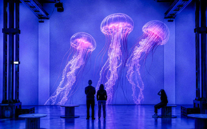 Visitors viewing jellyfish projections at Atelier des Lumières Planète Océan exhibition.