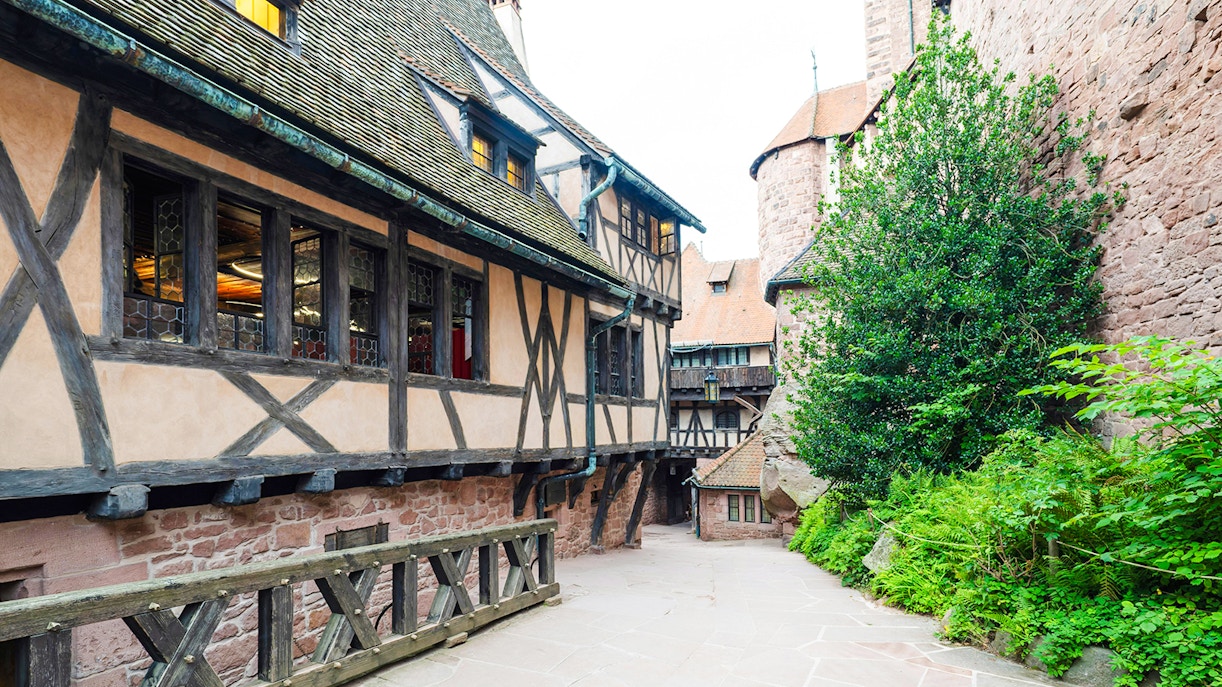 Medieval timber-framed alley inside Haut Koenigsbourg Castle, France.