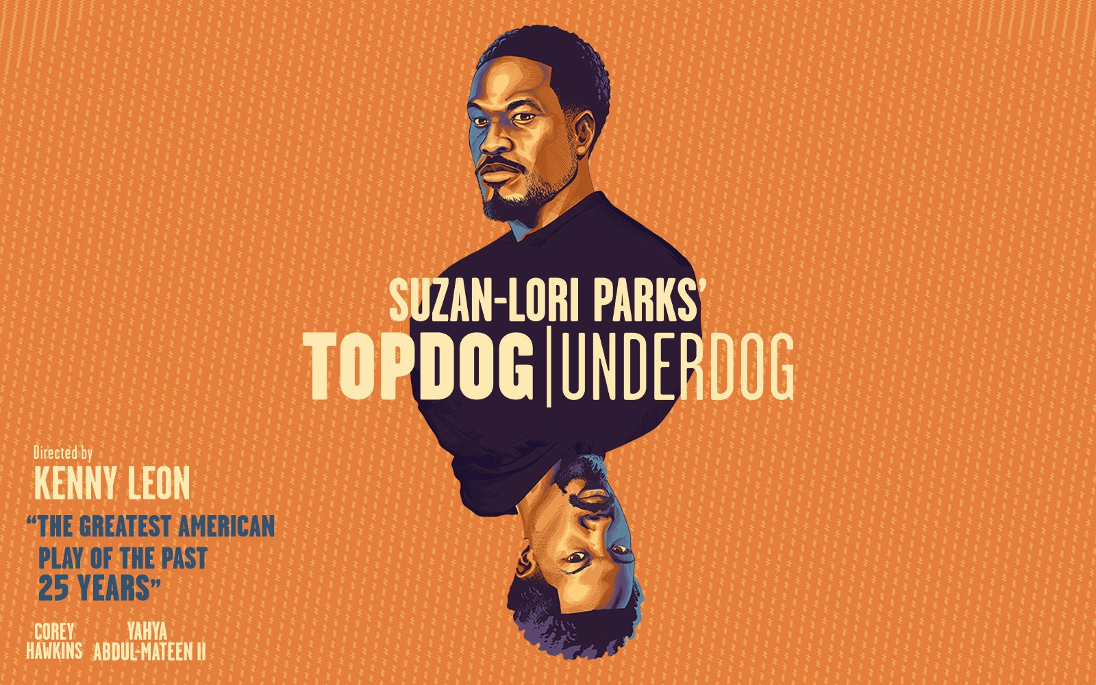 Illustration of two men facing opposite directions for Suzan-Lori Parks' play Topdog/Underdog.