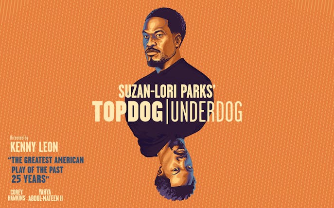 Illustration of two men facing opposite directions for Suzan-Lori Parks' play Topdog/Underdog.