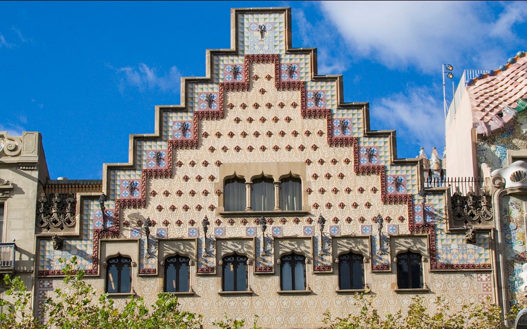Casa Amatller facade with decorative tiles in Barcelona, Spain.