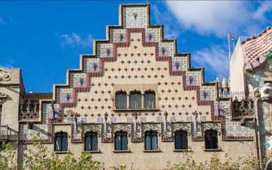 Casa Amatller facade with decorative tiles in Barcelona, Spain.