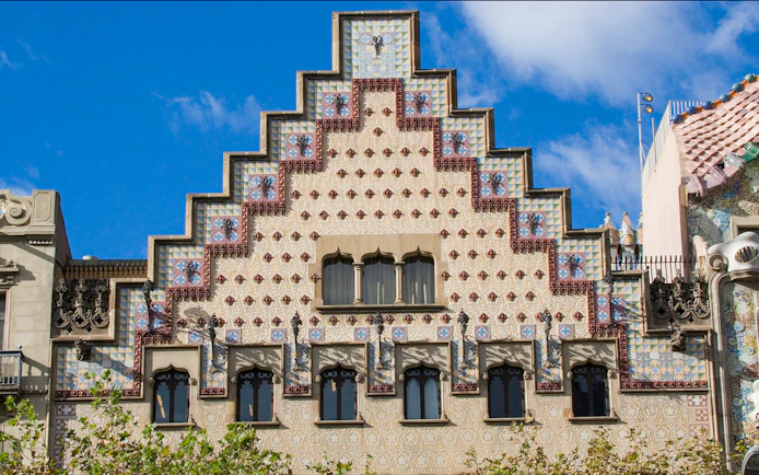 Casa Amatller facade with decorative tiles in Barcelona, Spain.
