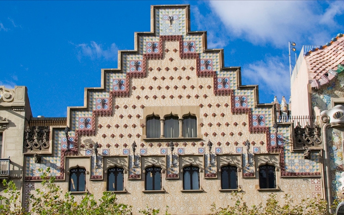 Casa Amatller facade with decorative tiles in Barcelona, Spain.