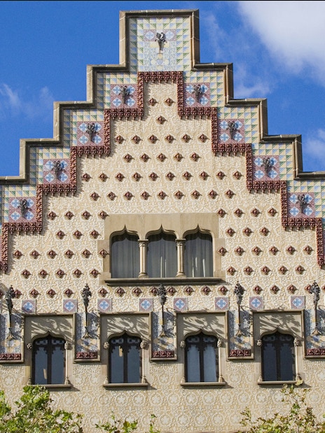 Casa Amatller facade with decorative tiles in Barcelona, Spain.