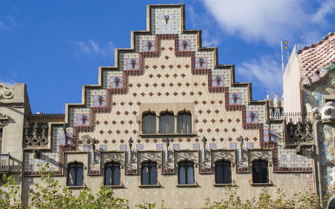 Casa Amatller facade with decorative tiles in Barcelona, Spain.