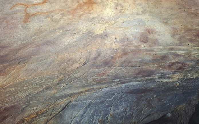 Cave wall with ancient drawings in Castillo Caves, Spain.