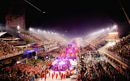 Samba parade at Rio Carnival 2027 with vibrant floats and dancers, Rio de Janeiro.